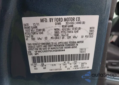 2012 Ford Escape Xlt из США, поврежденный, VIN 1FMCU0D70CKB58044